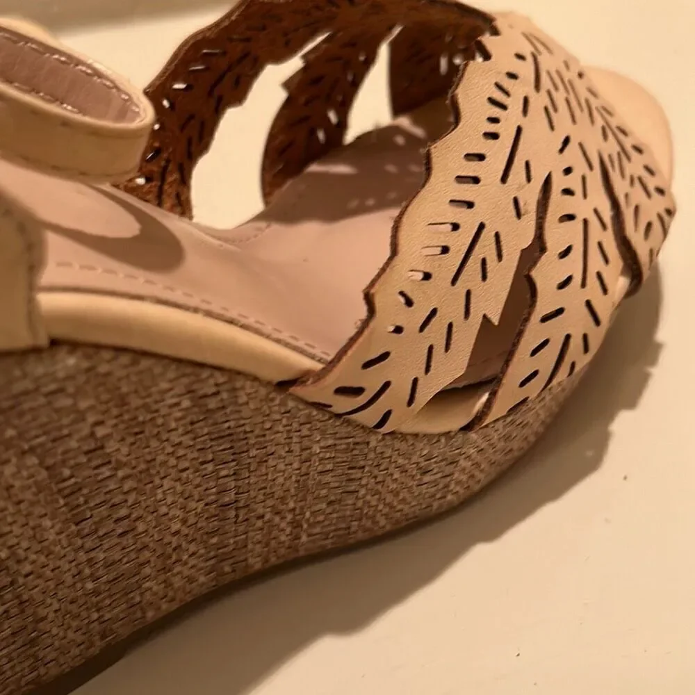 Top Moda Women's 10 Laser Cut Strappy Wedge Heel Beige Tan Neutral Coastal Beach
